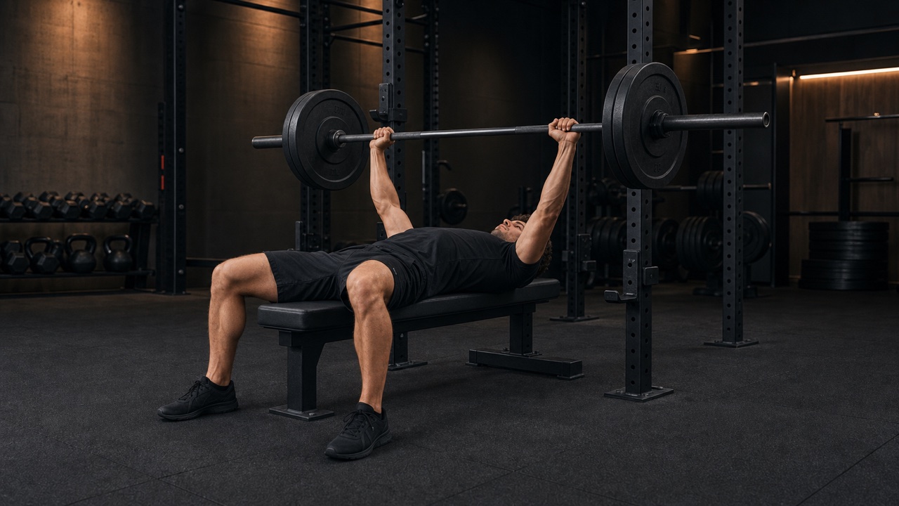 A lifter mid bench press in a dimly lit gym